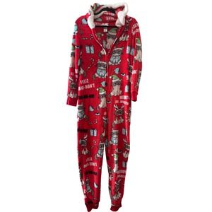 Grumpy Cat Red Christmas Pajama Onesie Sleepwear Hooded Faux Fur Trim Women's L